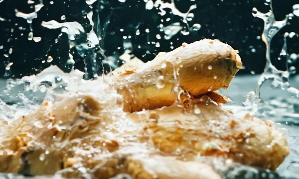 Fresh ginger root splashes in water, its texture and vitality against a dark background, highlighting its culinary and medicinal uses.