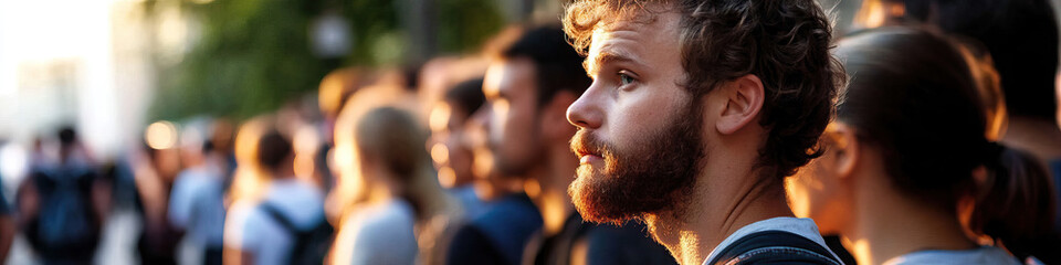 Naklejka premium Young Man in Crowd at Outdoor Gathering