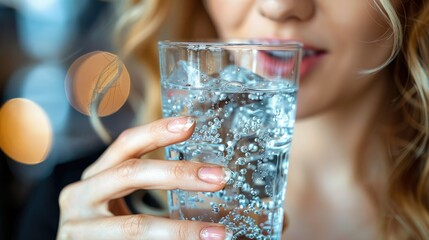 A close-up of a person sipping sparkling water from a glass, highlighting bubbles and refreshment.