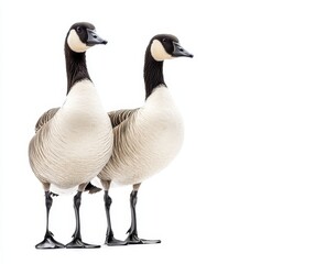 Obraz premium Photo of geese standing on two legs, looking to the right side on an isolated white background.