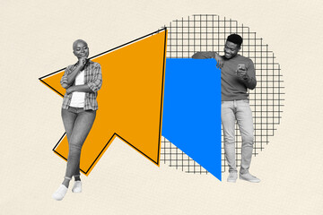 3d sketch poster trend collage image of two american girl guy hold phone success arrow development...