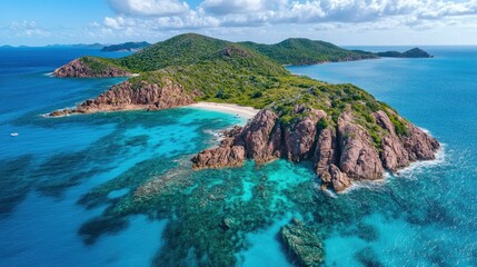 Aerial view Tropical island, turquoise water, coral reef, secluded beach, sunny day, travel brochure