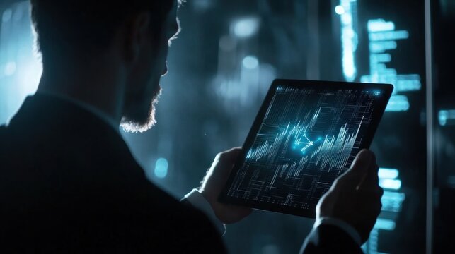Analyst reviewing data charts on tablet, server room
