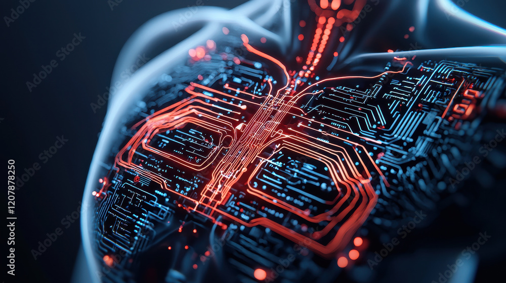 Poster artistic representation of human chest with neon circuit patterns, symbolizing fusion of technology 