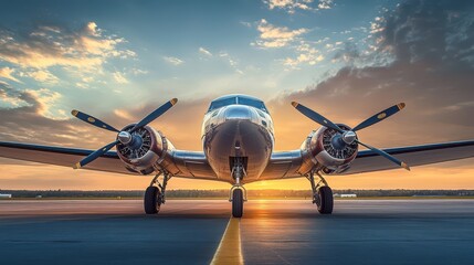 A dramatic front view of a vintage propeller airplane at sunset, with twin engines and a sleek metallic fuselage. The sky shows soft clouds and a warm glow, enhancing the historic atmosphere.