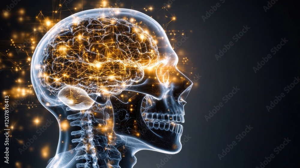 Poster elegant black and white x ray image of human skull, showcasing intricate neural connections and brai