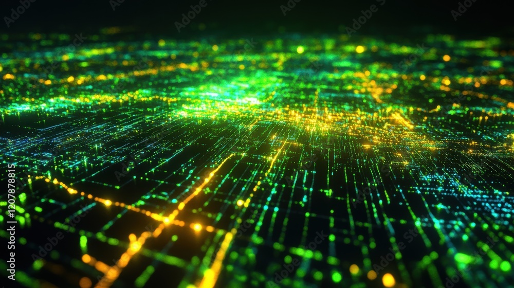 Poster glowing yellow and green lights illuminating a futuristic city at night, simulating data flowing thr