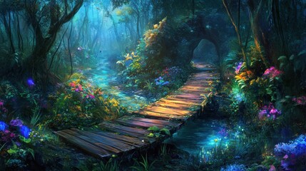 Enchanting forest path bridge, mystical plants, background cave, fantasy game art