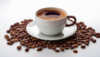Obraz premium coffee cup surrounded by coffee beans on white background