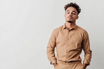 Obraz premium Stylish Young Man in Beige Shirt Casual Portrait Studio Shot Handsome Male Model Fashion Apparel Modern Relaxed Style Neutral Background Simple 