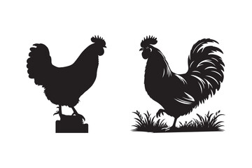 Farm Animal Silhouettes: Rooster and Hen in Minimalist Style