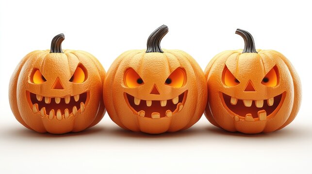 Three jack-o'-lanterns, Halloween, studio, white background, holiday decoration