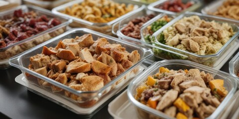 Close-up of Thanksgiving dinner leftovers in clear containers for meal prep, containers, leftovers