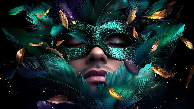 Mysterious masked face, feathers, dark background; party, celebration, fantasy