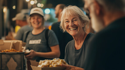A group of senior volunteers smiling while organizing food donations at a charity event, warm lighting, diverse background