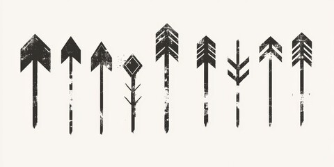 Naklejka premium Collection of nine grunge-style arrow designs pointing upwards.