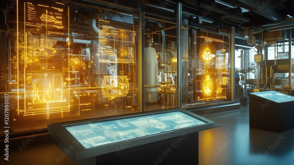 Poster futuristic factory control room showing an interactive monitoring system displaying data analysis, g