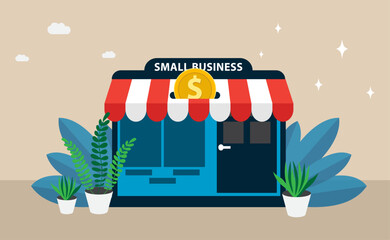 A charming storefront adorned with a "SMALL BUSINESS" sign and surrounded by greenery embodies growth, community spirit, and the pursuit of financial prosperity.