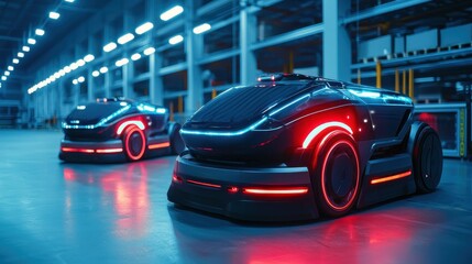 Fototapeta premium Autonomous electric vehicles futuristic factory digital art industrial space low angle view innovation in transportation