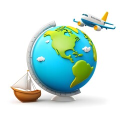 Fototapeta premium Colorful Globe with Airplane and Sailboat Illustrating Travel Concepts