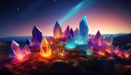 a field of multicolored crystals growing out of the ground under a glowing sky symbolizing the surreal power of nature