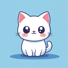 Fototapeta premium A cute, cartoon-style white cat with pink cheeks, sitting contentedly against a blue background. The cat has a happy expression with closed eyes and a small smile.