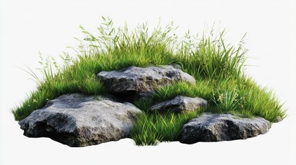 Fototapeta premium Rocks, grass, isolated, nature, cluster, 3D render, white background, landscape design