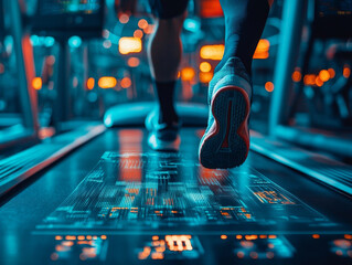 Running on treadmill with digital stats displayed