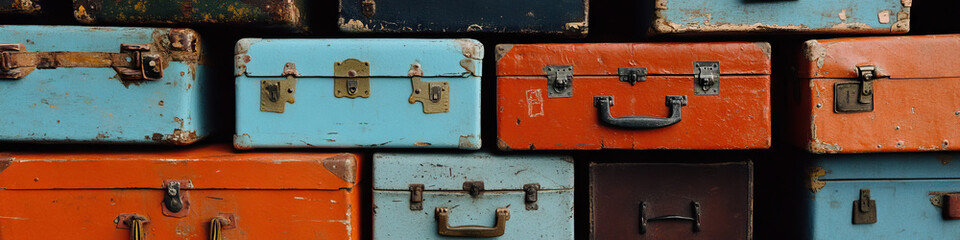 Stacked Vintage Suitcases of Various Colors and Conditions