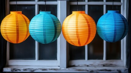 Vibrant Paper Lanterns Illuminating a Rustic Window