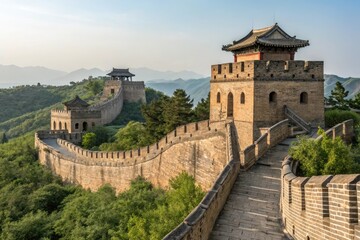 Obraz premium Ancient fortification walls with watchtowers and gates set amidst serene natural surroundings, serene landscape, historical sites