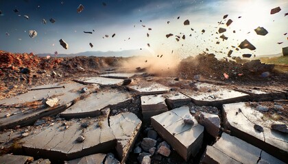 cracked ground with flying debris depicting earthquake damage