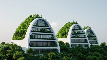 Fototapeta premium The image showcases innovative, eco-friendly architecture featuring modern buildings with green roofs and abundant vegetation.
