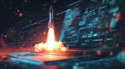 Rocket launching from laptop, digital data streams