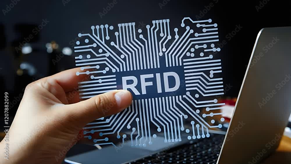 Aufkleber RFID Technology: Secure Data & Enhanced Computational Capabilities. Futuristic Man Interacting with Virtual RFID System on Screen. Modern Data        