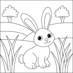Rabbit in a nature line art coloring page for kids