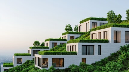Fototapeta premium Modern hillside homes with green roofs, blending architecture and nature in a serene landscape.