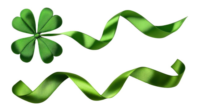 Green ribbon and clover shaped decoration, isolated on transparent background