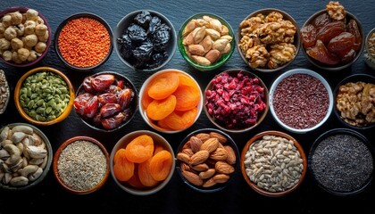 Colorful variety of seeds, nuts, and dried fruits in bowls arranged on a dark surface.

