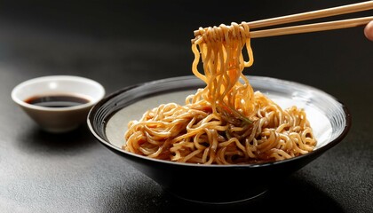 delicious noodles dripping with soy sauce held by chopsticks