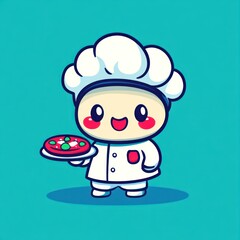 Cartoon chef holding pizza, cute design, food illustration, for kids