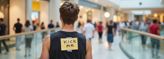 Person with "Kick Me" sign on back walking in a mall