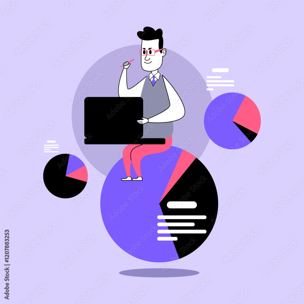 Poster professional sitting with laptop, depicting focus and insight. colorful pie charts displayed around,