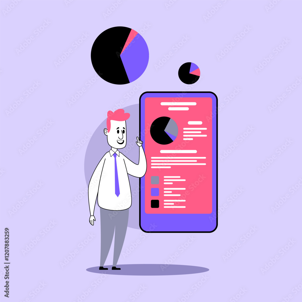 Poster businessman in formal attire showcasing colorful mobile application displaying data graphs. business