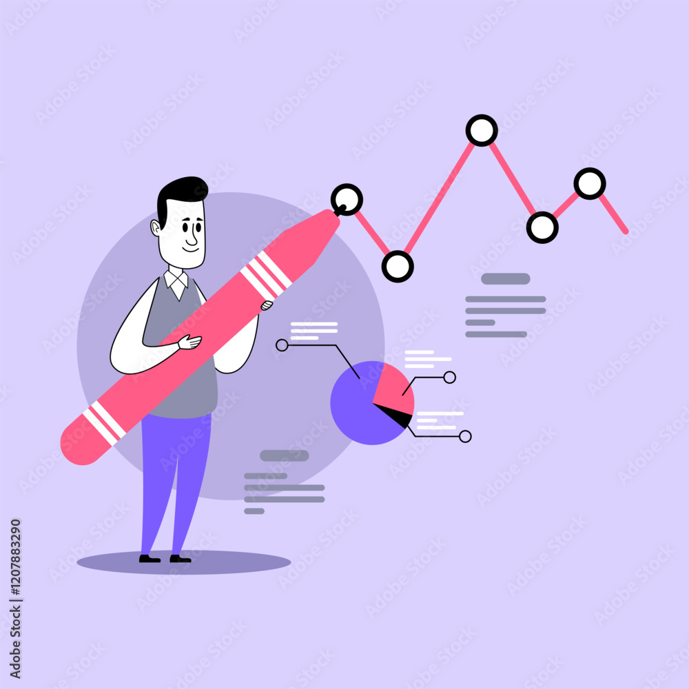 Poster Man holding large crayon while standing in front of graph showcasing data analytics. Data analysis concept