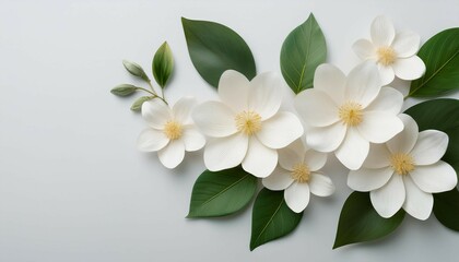 white flowers with green leaves on a minimalist background