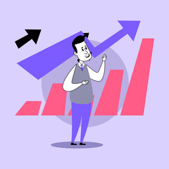 Businessman standing confidently with presentation gesture, surrounded by colorful graphs and arrows indicating upward trends, symbolizing business growth and success