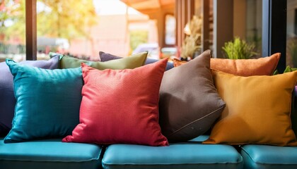 colorful pillows on sofa in cozy cafe
