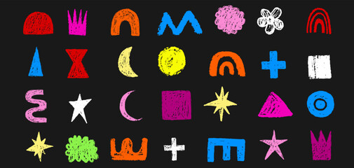 Childish kid messy chalk crayon texture grunge elements hand drawn vibrant rainbow, circle, triangle, star. Simple educational forms cut out illustration