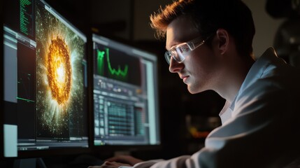 A physicist simulating solar phenomena using cutting-edge computational physics software.